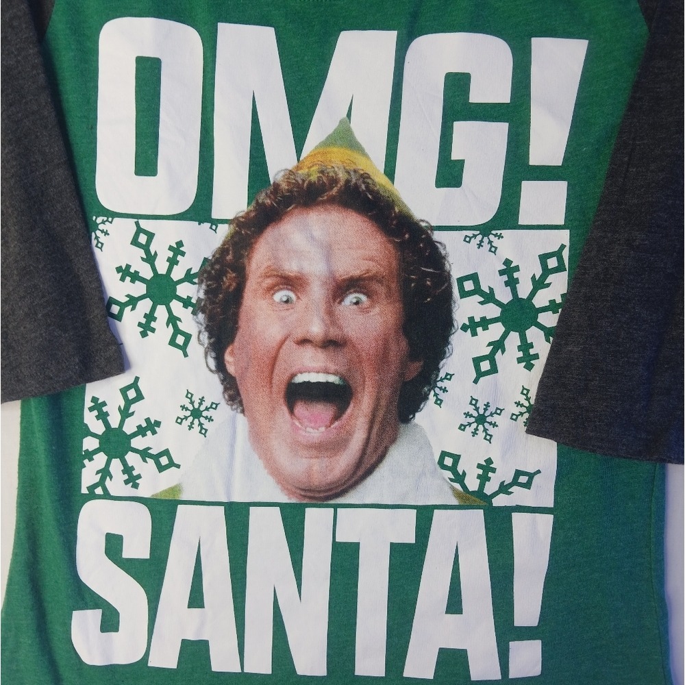 Elf Movie Graphic Tee Womens Large Green OMG Santa Raglan 3/4 Sleeve Shirt - Picture 2 of 4